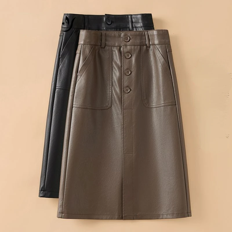 

PU Leather Skirt Autumn Winter 2023 Vintage High Waist Thin Medium Length Knee Length Skirt Women's Half A-Line Skirt