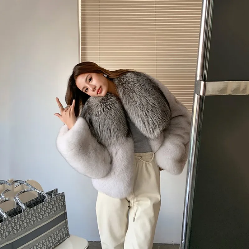 2024 Fashion Natural Finnish Blue Fox Fur Coat Women With Silver Fox Collar Autumn Winter Thick Soft Warm Fox Fur Jacket