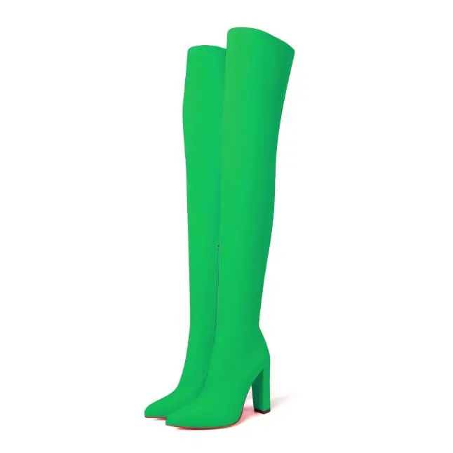 Sexy Solid color Neon yellow green Purple Lycra Thigh Boots 10 cm Block heels Pointed Toe Over the knee Stretch Sock Boots Woman