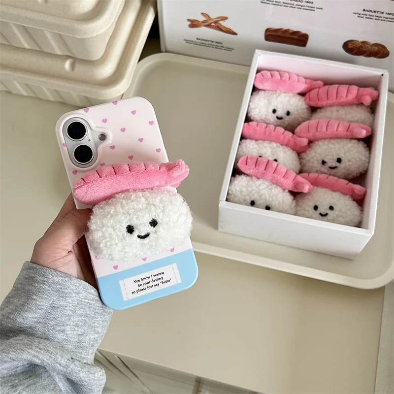 Cute Pink 3D Heart Love Sushi Plush Stand Phone Case For iPhone 11 12 13 14 15 16Pro Max Japan Cartoon Lovely Sushi Furry Holder