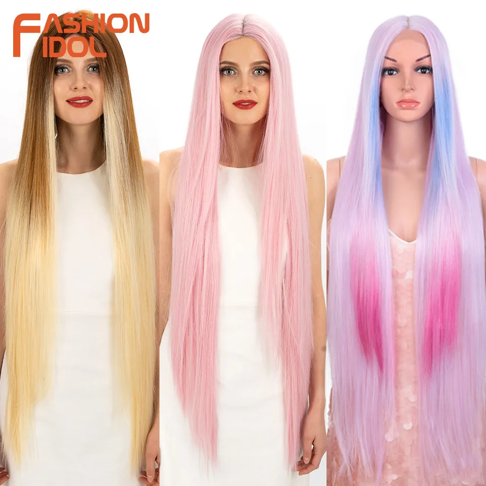 FASHION IDOL 38 inch Long Straight Wigs Synthetic Lace Wigs For Women High Temperature Fiber Ombre Pink Highlight Cosplay Wig