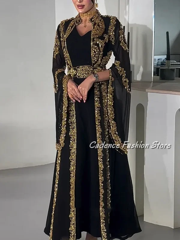 맞춤형 블랙 시크 투피스 여성용 이브닝 드레스 신상 우아한 골드 스팽글 레이스 인서트 롱 프롬 드레스