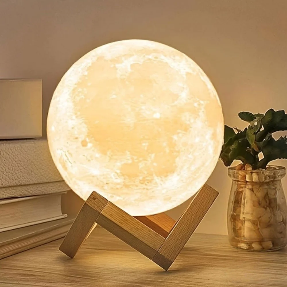 3D Moon Lamp Night Light, Battery Powered Table Lamp with Wooden Stand for Bedroom, Kids Room, Home Gift Decor