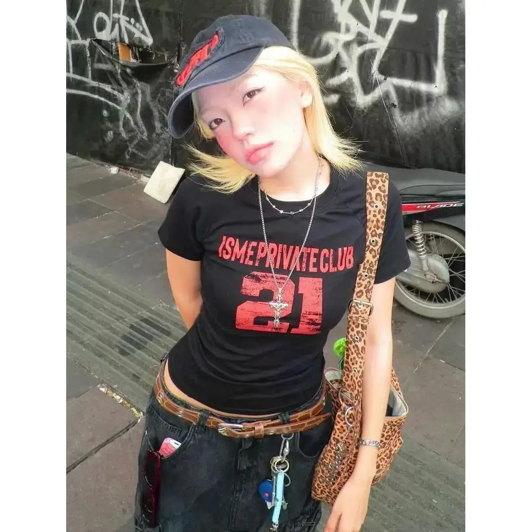 Cool Retro Digital Print Pure Cotton Slim Fit High Elasticity Spicy Girl Top Shoulder Width Regular Length Medium Cotton T-shirt