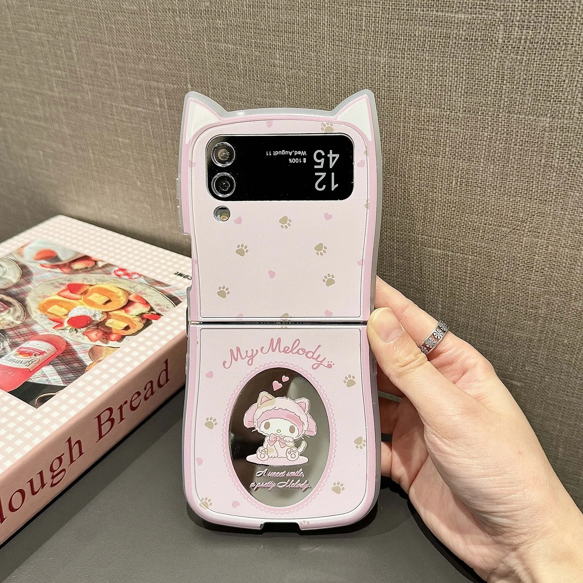 3D Cute Cartoon Sanrio Kuromi My Melody Mirror Phone Case For Samsung Galaxy Z Flip 6 5 Soft Cover For Z Flip 3 4 With Lanyard