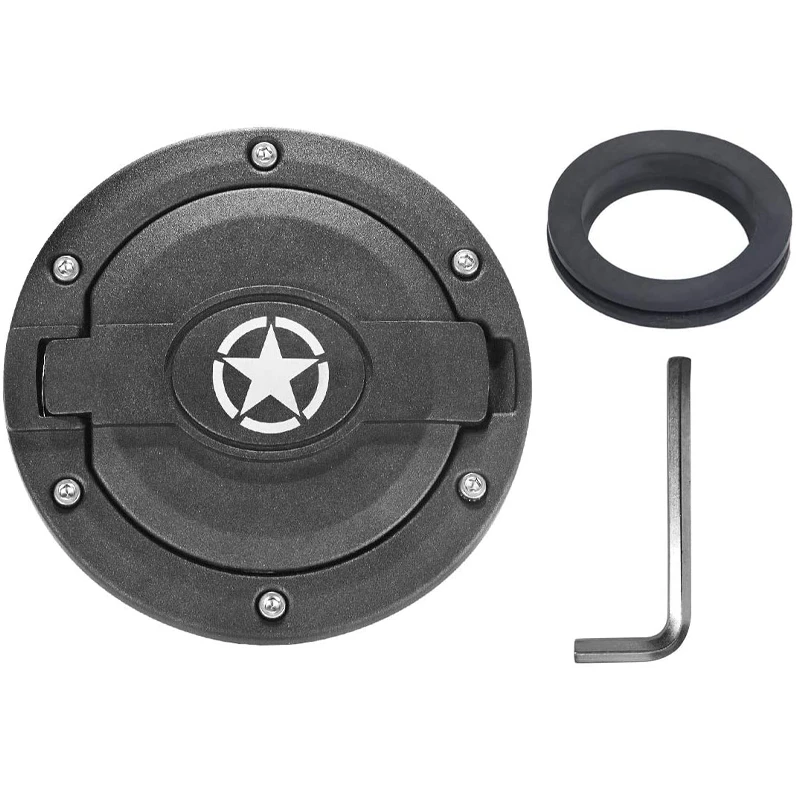 Black Gas Cap Fuel Filler Tank Door Cover with Star Logo for 07-18 JK & Unlimited