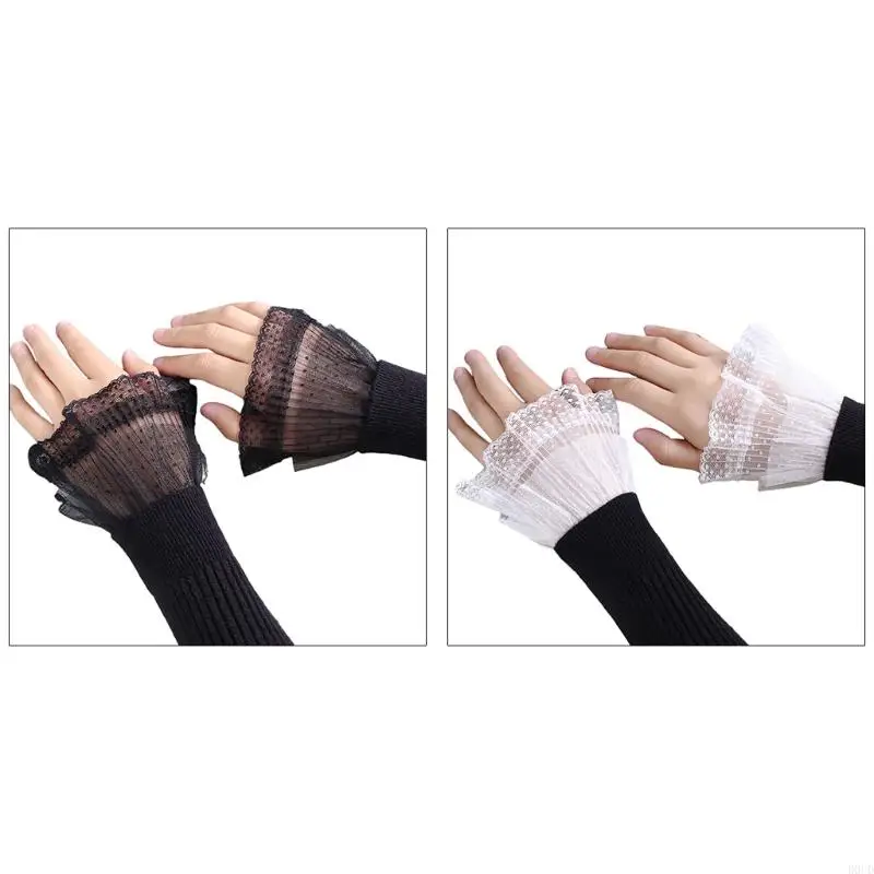 D0UD 1 Pair Korean Women Girls Fake Flared Sleeves Double Layer Lace Pleated Ruched False Cuffs Wrist Warmers