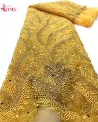 Tissu Africain en Dentelle Française avec Perles Faites à la Main pour Femme, Broderie Nigérienne Populaire, Paillettes, Robe de Mariée, Haute Qualité, 2024