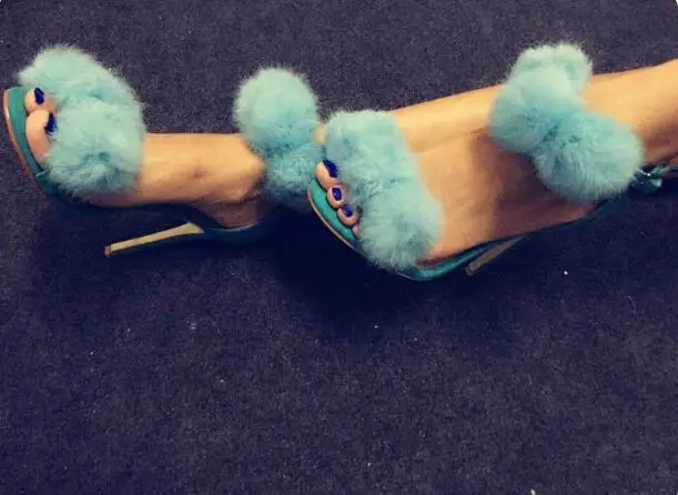 

Lake Blue Rabbit Ball Fur Pom Pom Cover Heel Hollow Sandals Ladies Peep Toe Buckle Strap Thin Heels Party Sandals Heels Shoes