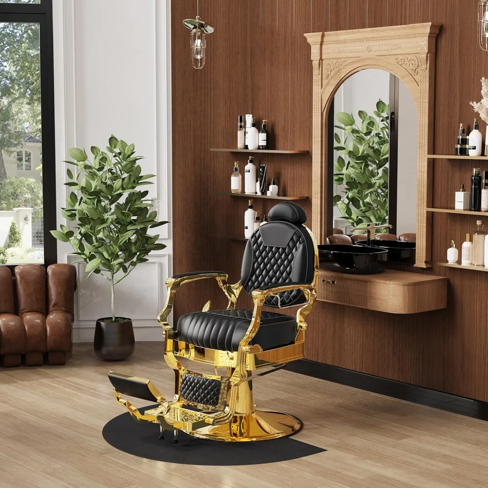 Barber Chair,Black and Gold Barber Chair, Reclining Salon Chair with Removable Headrest Retro Stylist Hair Chair20Dx25Wx38H