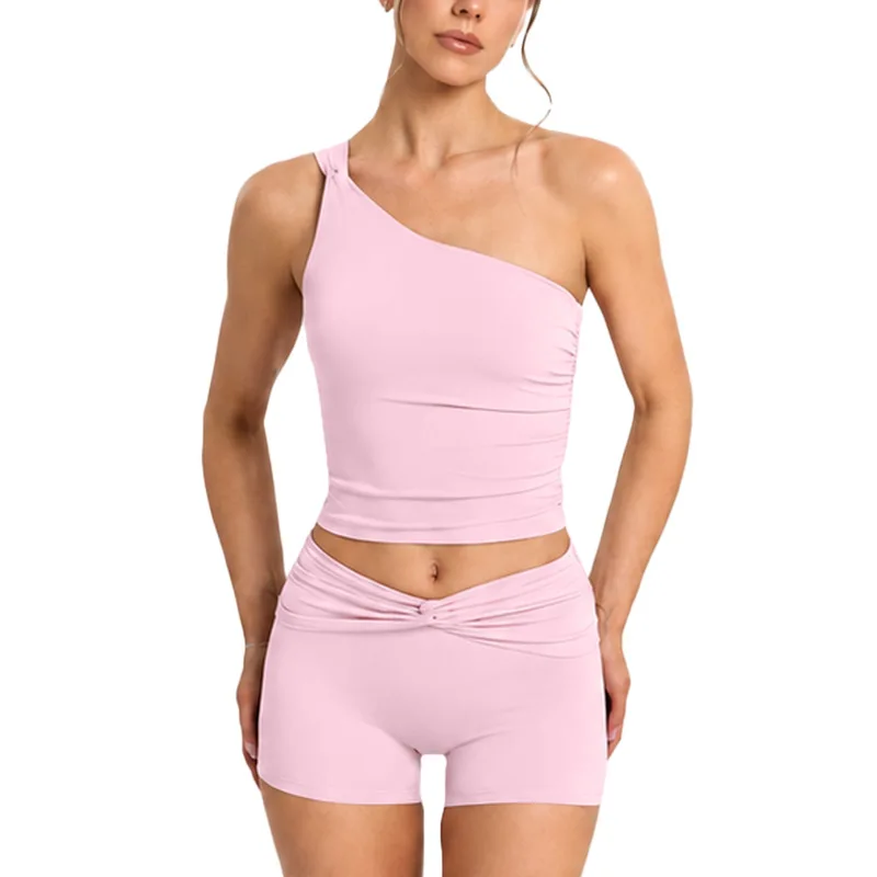 Women Sleeveless One Shoulder Tank Top With Built‑in Bra High Waist Summer Pleated Gym Workout Running Sports Fitness Vest