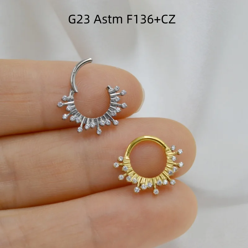 Wholesale 10pcs G23 ASTM F136 Titanium Nose Hoop Septum Clicker Ring CZ Earring  Ear Tragus Helix Cartilage Body Piercing