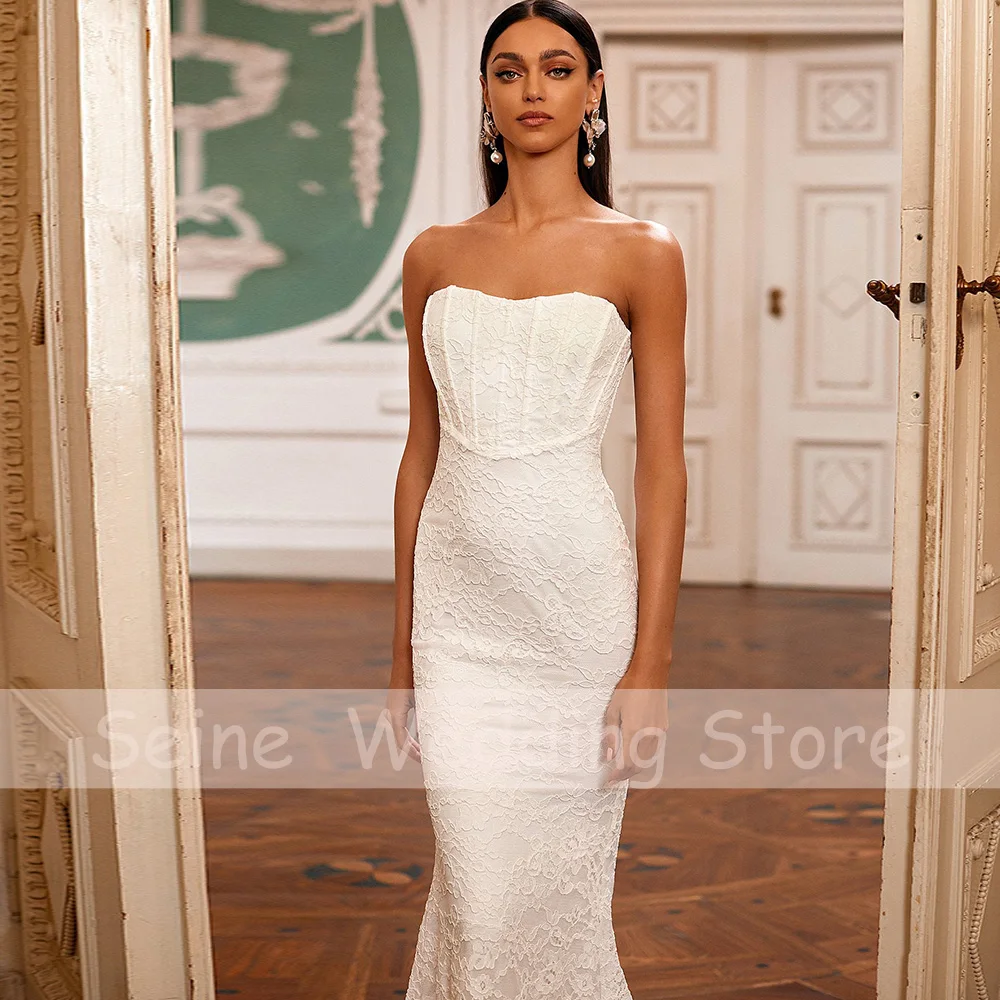 Kanten Trouwjurk Strapless Liefje Lange Eenvoudige Jurken 2022 Elegante Mouwloze Zeemeermin Bruid Robe De Mariee