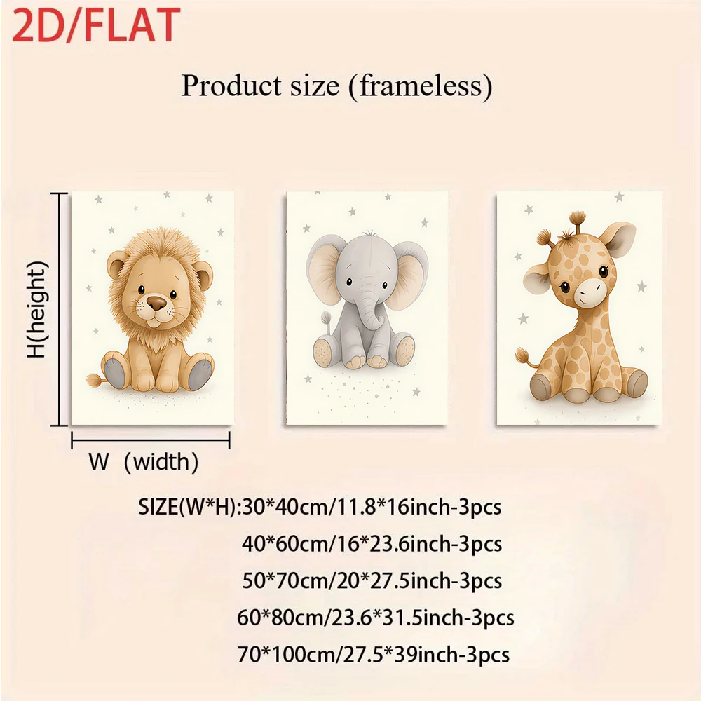 1 set of cute cartoon animal triptych frameless decorative paintings featuring lions, elephants, giraffes, 2D plan
