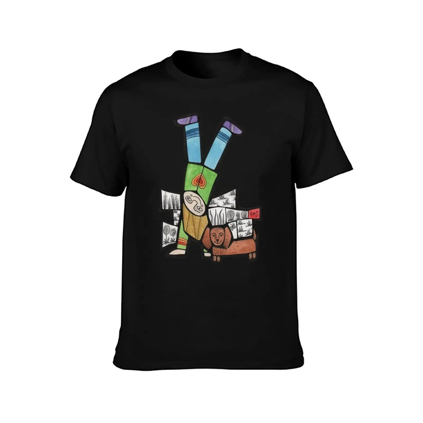 Handstand and Sausage Dog mosaic illustration T-Shirt Outdoor Work Short Sleeve Top T-Shirt