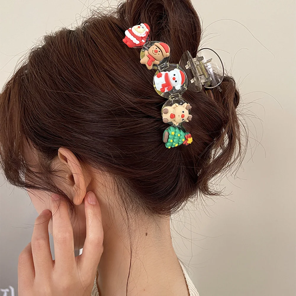 1 fermaglio per capelli natalizio grande da 10,01 cm con Babbo Natale e renna per donna - Elegante e carino fermaglio per squalo con tenuta sicura