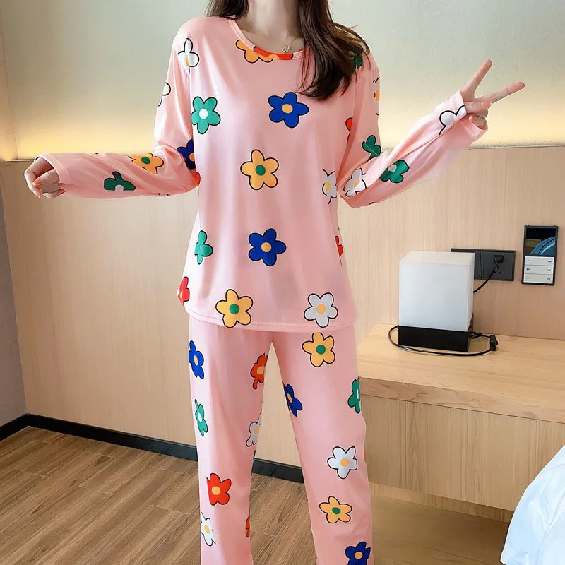 The New Ladies Pajamas Set Female Round Neck Thin Section of Long-Sleeved Trousers Sweet Little Fresh Girl Wind Pajamas Homewear