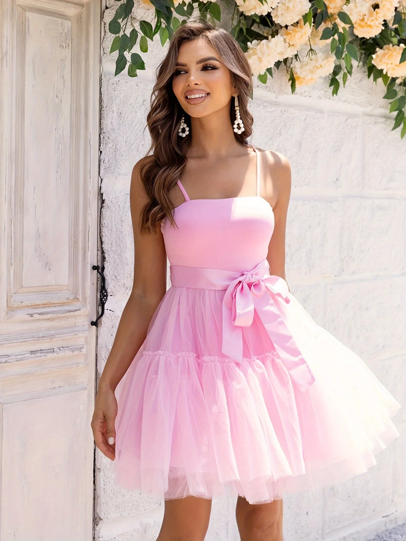 Mini robe de soirée rose Simple, avec ceinture à nœud, en Tulle plissé, col carré, bretelles Spaghetti, ligne a, robes de bal mignonnes pour filles