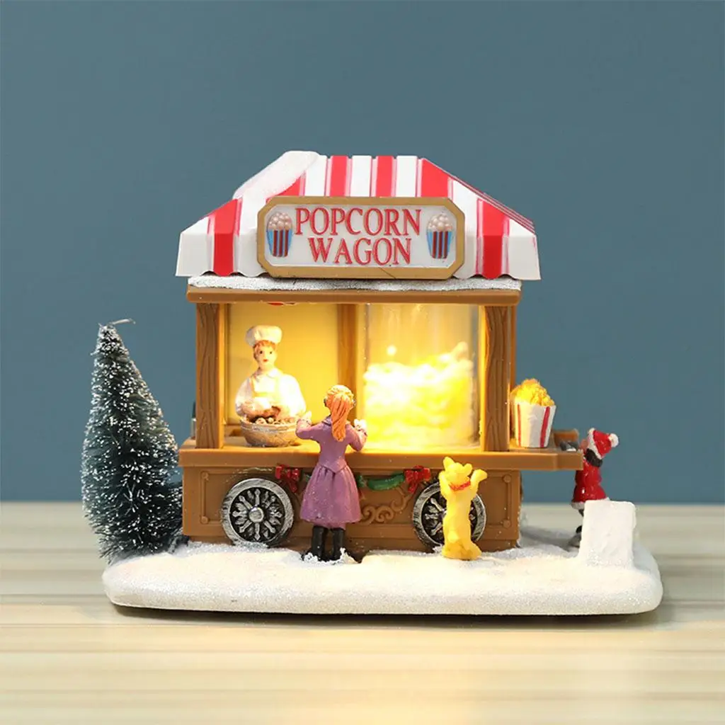 Résine noël neige LED Miniature pop-corn Wagon Village maison de poupée Figurine ensemble de construction fée jardin vacances décoration