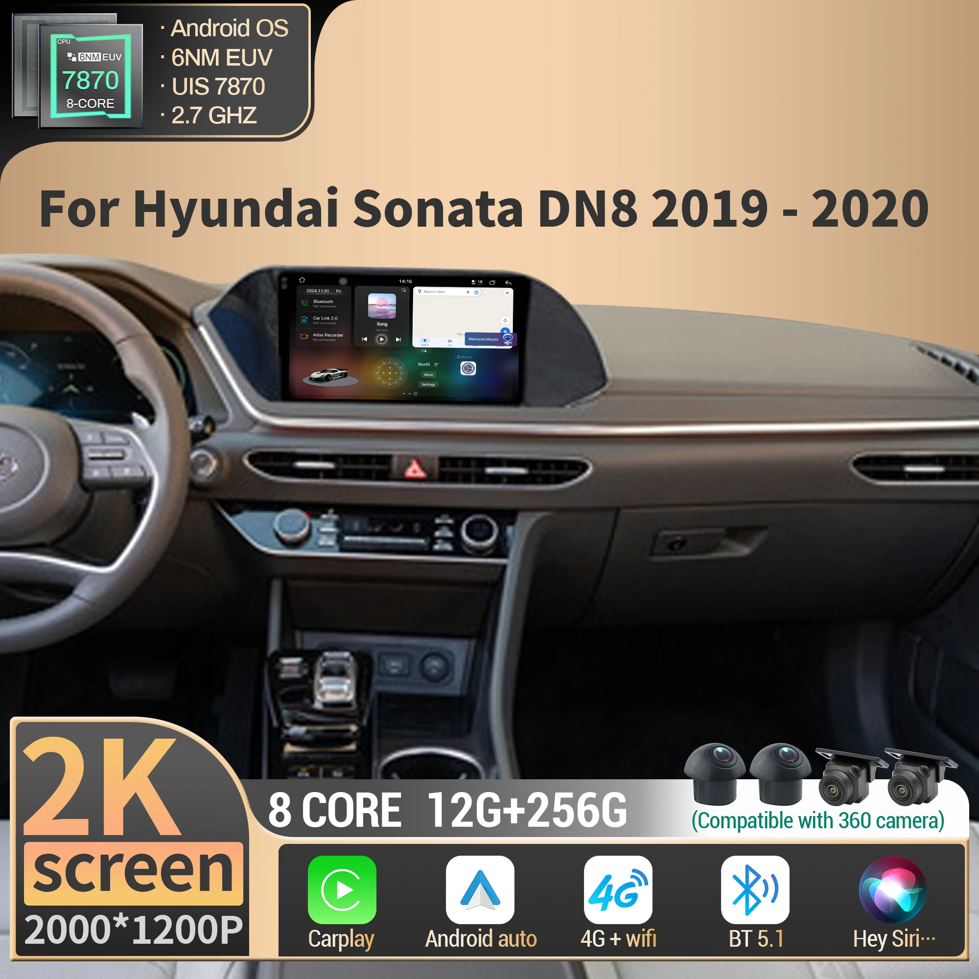 Android 14 For Hyundai Sonata DN8 2019-2020 Car Radio Multimedia Navigation Intelligent Carplay 4G GPS CPU 7870 2K QLED Screen
