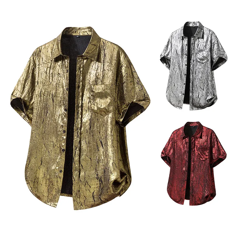 

Fashionable Short Sleeve Men's Shirt Gold Stamp Beach Style Retro Trendy Streetwear Deconstructed Design Standard Fit Polyest...