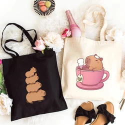 Cute Capybara Anime Shopping Bags for Women Reusable Recycle Bag Canvas Eco Shopping Bags Capybara Cartoon Shopper Tote Handbags