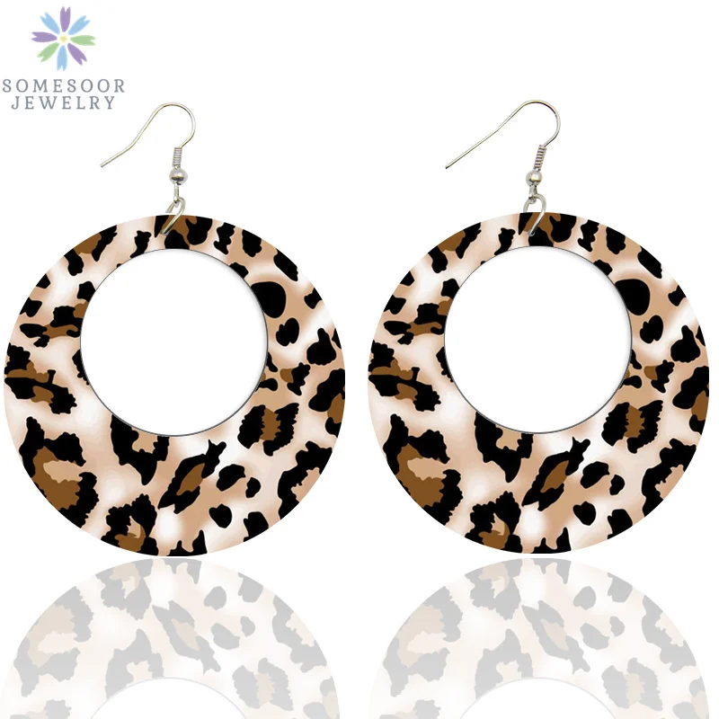 SOMESOOR Double Circles Personalized Afro Wooden Drop Earrings For Women Gift Leopard Art Print Customized Photos Dangle Jewelry