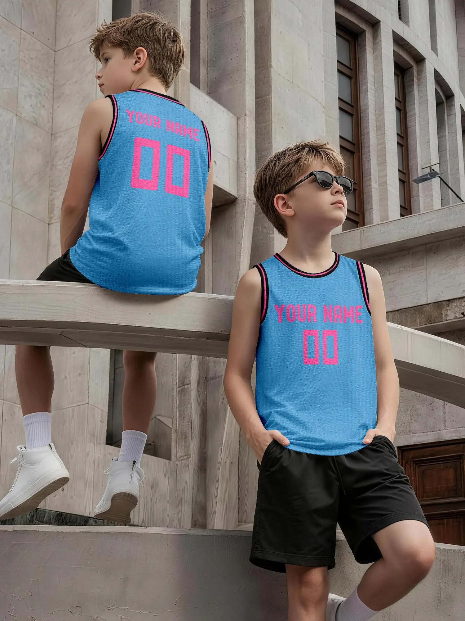 Lake Blue Pink Trim Custom Basketball Jersey, Adults Kids Name Number Print Quick‑Dry Set view 3