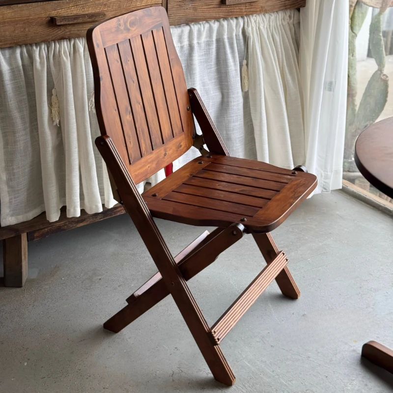 ‌Vintage Dining Chair, Solid Wood Folding Backrest, Balcony Bistro Seat, Photography Stool for Studio/Home