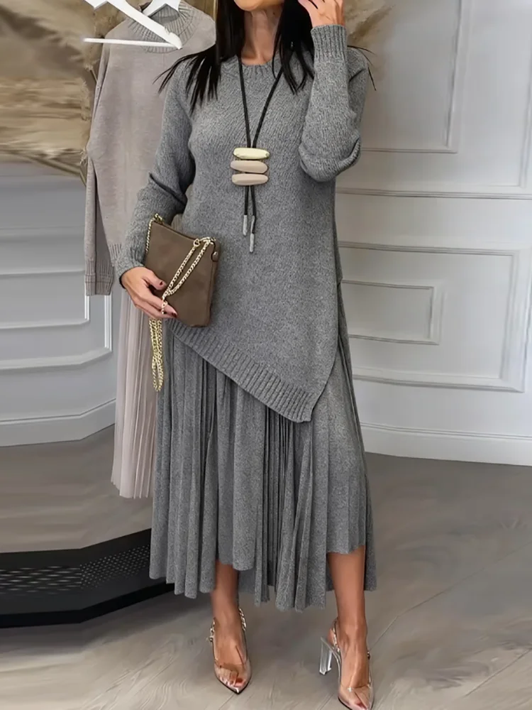 Dames O-hals trui met lange mouwen en mouwloze maxi-jurk, tweedelige set vakantie herfst winter streetwear eenvoudige outfit