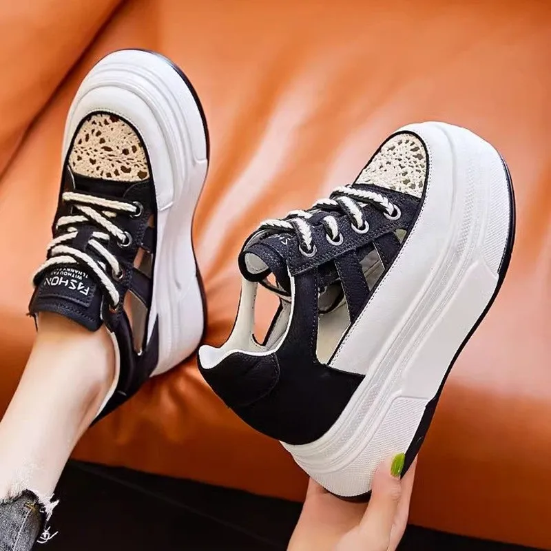 Summer Woman Platform Sneakers Wedge Shoes 2024 Female 8cm Height Increasing Crochet Hollow Breathable Casual Shoes Canvas Shoes