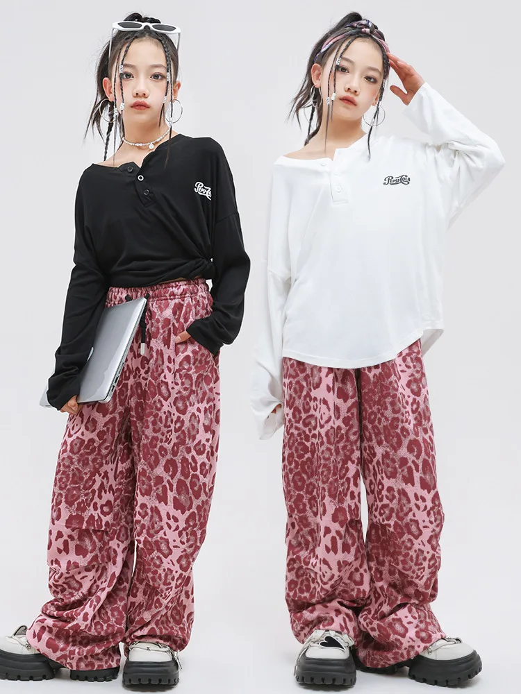 طفل Kpop الهيب هوب الملابس السوداء فضفاضة بلوزة أعلى الوردي ليوبارد عارضة واسعة الطية السراويل للفتيات الجاز أزياء رقص ارتداء الملابس