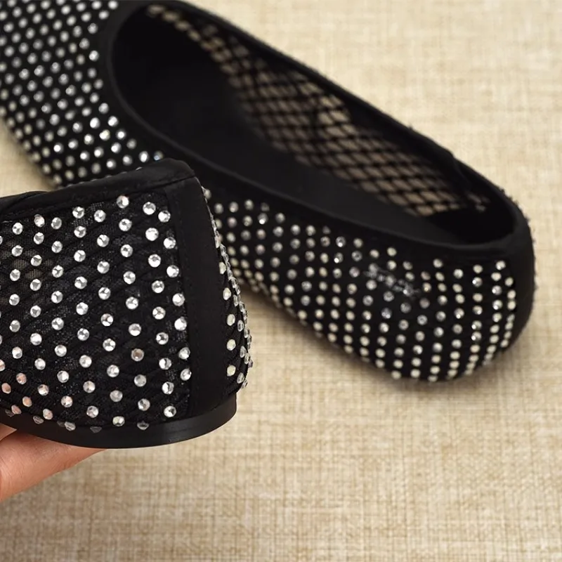 Mesh Transparent Shoes Woman 2024 Trend Summer Shiny Crystal Ballet Flats Shoes Ladies Casual Streetwear Black Loafers Female