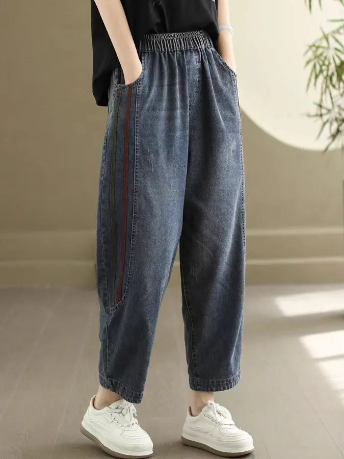 

Retro Full Cotton Waed Denim Pants Women's New 2025 Spring Summer Patchwork Loose Harem Pants High Waist Nine Points Cabbage