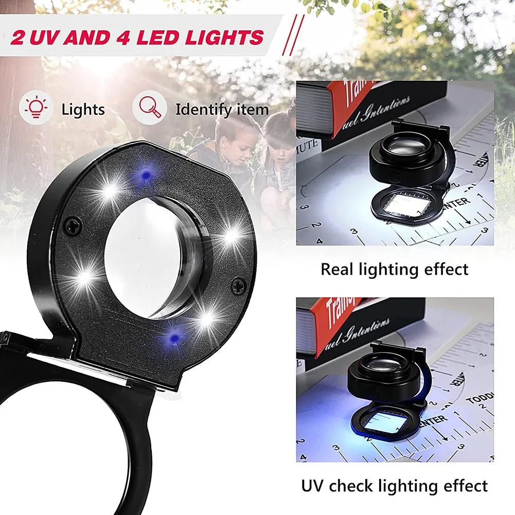 Lente d\'ingrandimento 25X con 6 luci, USB a tre pieghe da tavolo portatile in metallo con lente d\'ingrandimento per cucire in scala