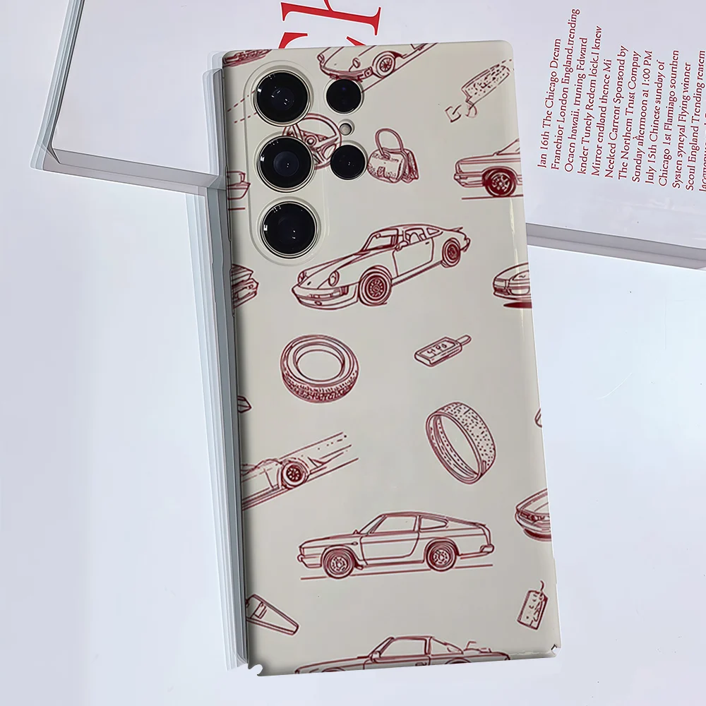 Retro Cars Line Art Red Luxury Fashion Full Lens Protective Case for Samsung Galaxy S26 S25 S24 A56 A36 Plus Ultra