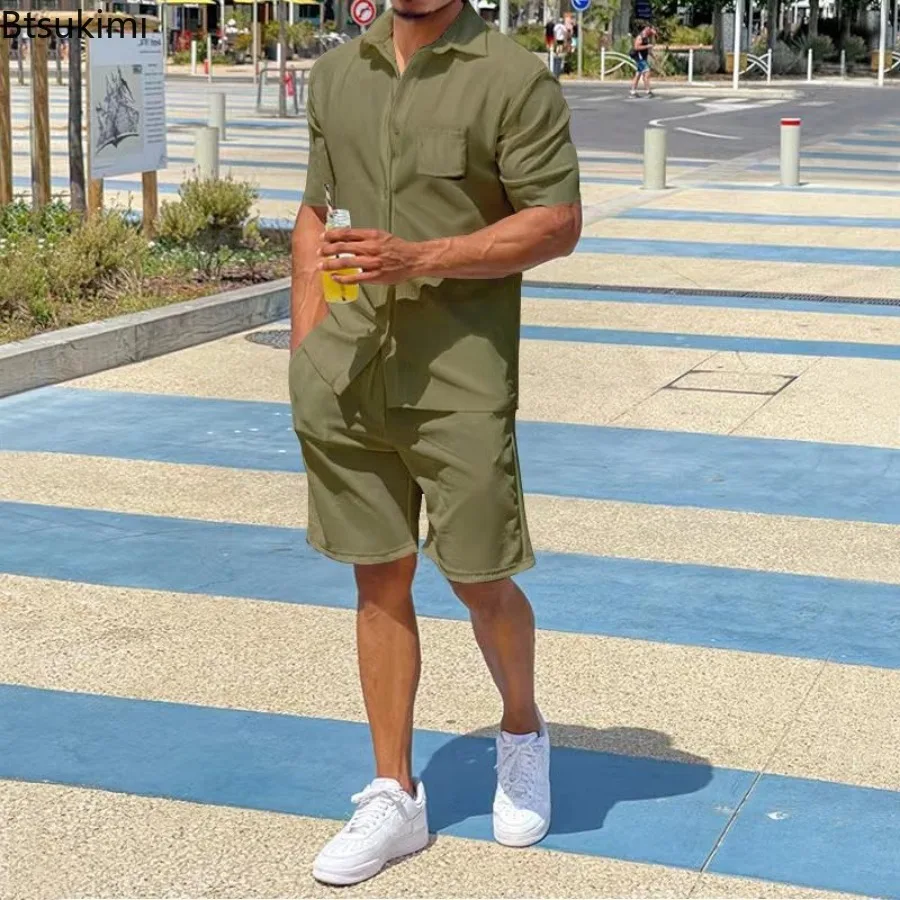 2025 Summer Breathable Linen Casual Sets Men's Solid Color Short-sleeved Loose Thin Shirt and Shorts Two-pieces Men Sport Outfit