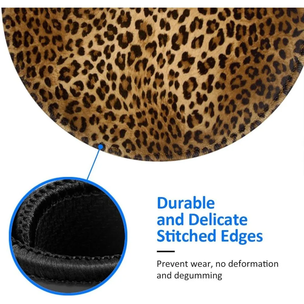 Lindo alfombrilla de ratón redonda para juegos con estampado de leopardo y 8 bordes cosidos con base de goma antideslizante