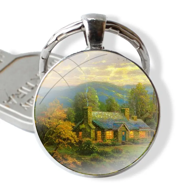 Claude Monet Oil Painting Sunflower Glass Metal Pendant Key Chain Classic Men Women Key Ring Accessories Jewelry Gifts