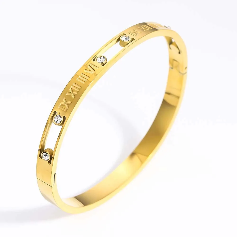 Diamond-set hollow Roman numerals titanium steel 18K gold-plated bracelet for women ins fashion bracelet jewelry