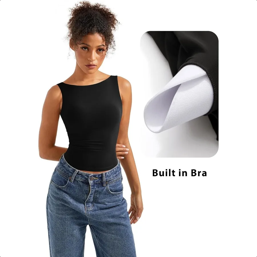 SUUKS قمصان نسائية مبطنة مفتوحة الظهر برقبة قارب وقمصان أساسية مبطنة مزدوجة