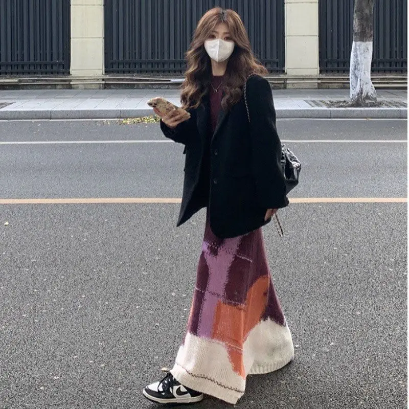 الملابس النسائية الراقية تحسس الموضة ورقيقة نمط الألوان المتناقضة لينة شمعي الموهير محبوك فستان سترة فستان طويل #3