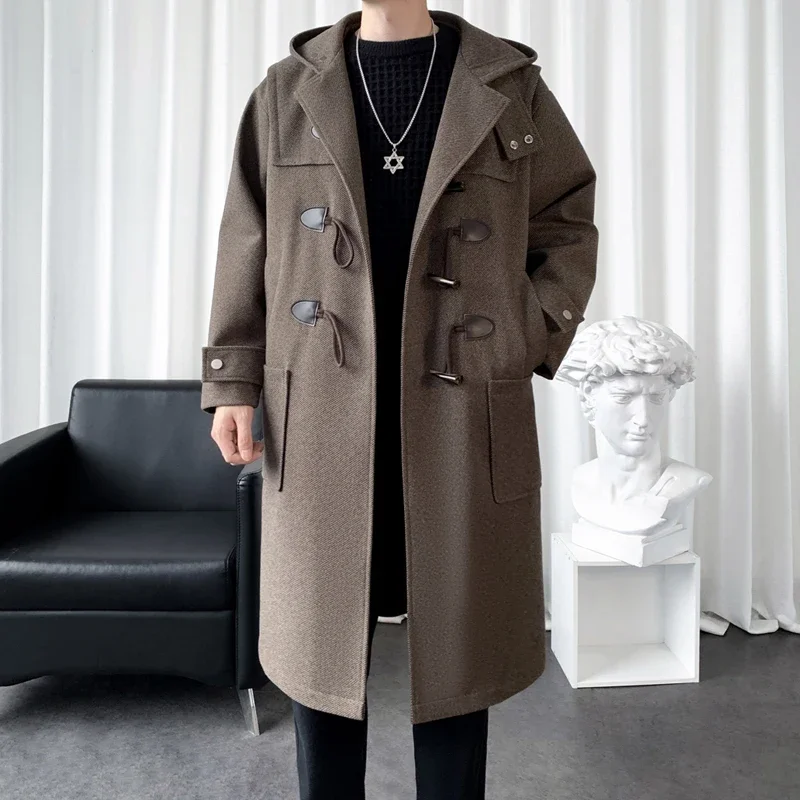 

Nice Newest Winter Men's Woolen Coat Long Style Double Breasted Overcoat Streetwear All-Match Trench Coat Black Coffee M-3XL