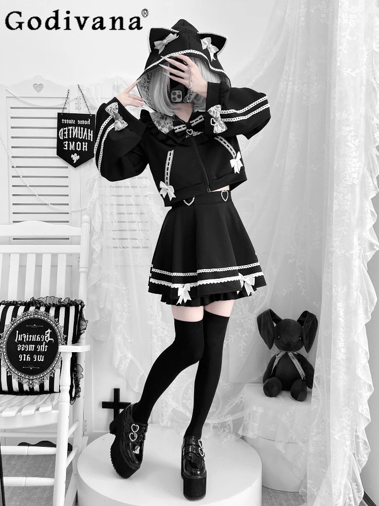 

Оригинальный комплект с юбкой Subculture Mine Sweet Cool, осень 2023, новая милая короткая куртка с капюшоном и бантом для девочек, мини-юбка, комплект из 2 предметов