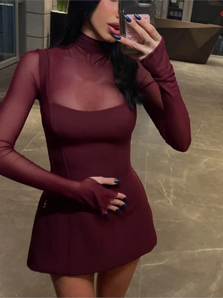 Novo outono sexy feminino malha pura retalhos manga longa mini vestido, elegante festa clube bodycon vestidos, y2k saindo vestidos