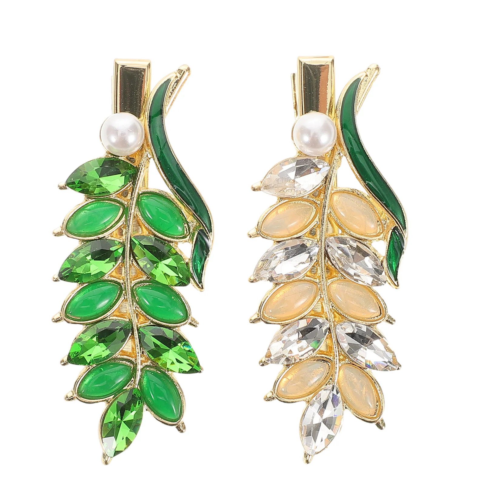 2Pcs Crystal Billed Hair Barrette Green White Vintage Design Secure Lightweight Side Clip for Women Casual Work