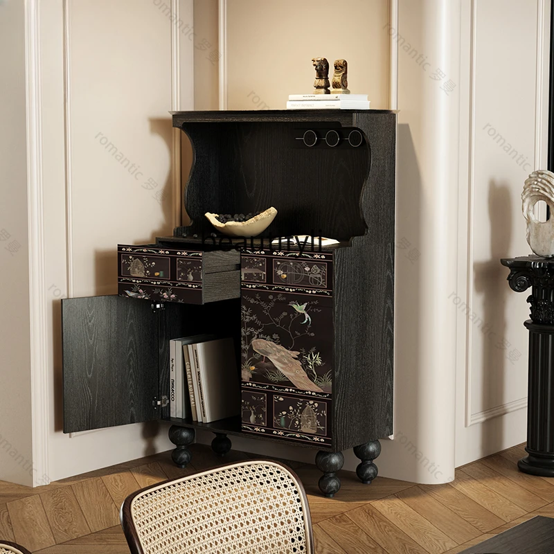 Chinese Style Flower and Bird Solid Wood Sideboard Restaurant Cupboard Wall-Mounted French Coffee Side Cabinet Black Tea Cabinet