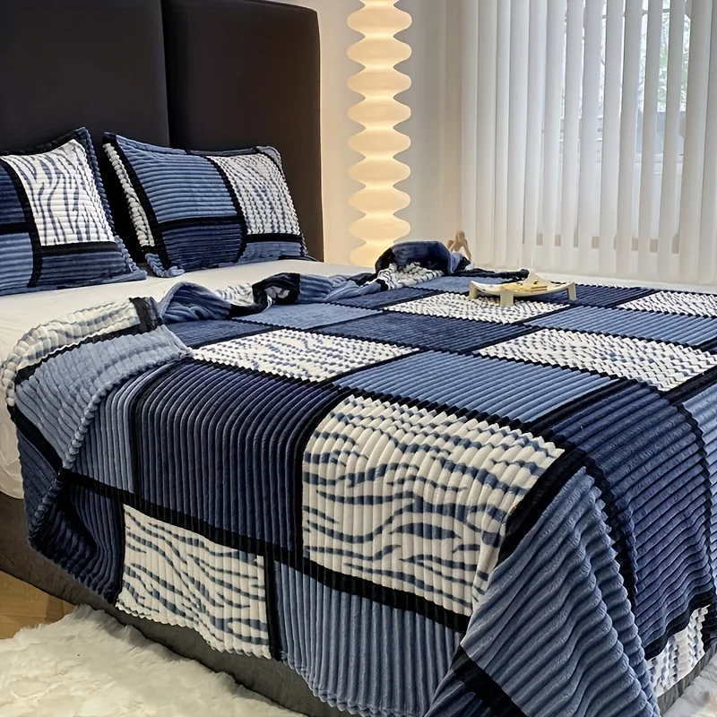 1 Piece Geometric Black Gray Plush Blanket, 9 Colors Soft Textured Bed Sofa Blanket, Modern Blanket for Living Room Decor