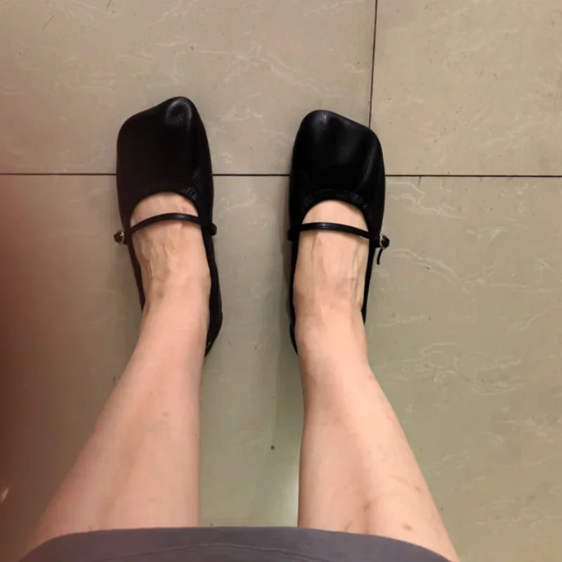 Pleated Shoes for Womens Square Toes Flat Heels Front Strap Chassure Femme Shallow Zapatos De Mujer Sewing Lines Female Ballets