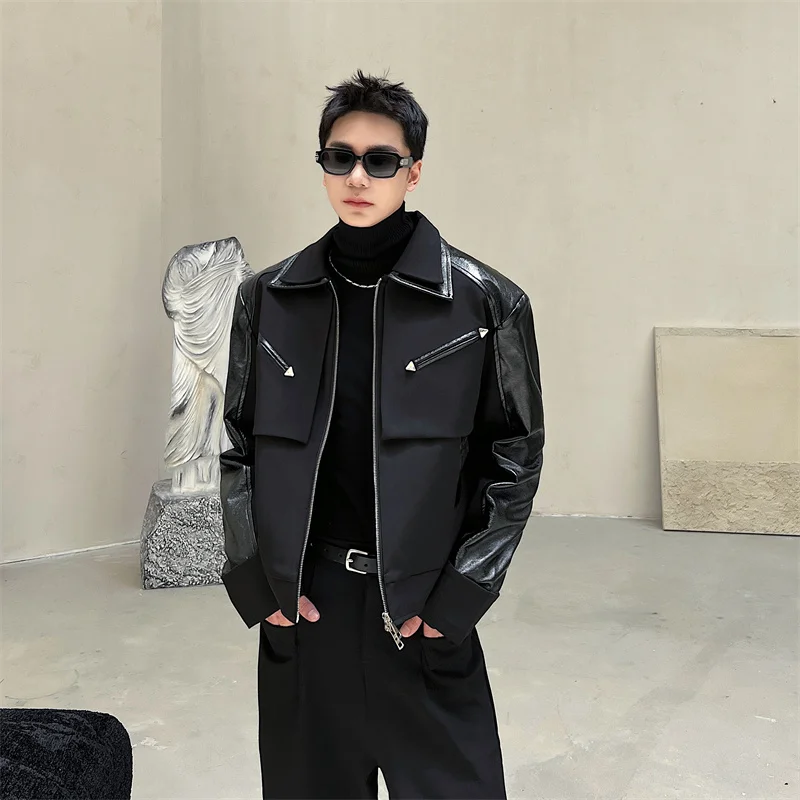 

Korean High-End Feeling Double Collar Casual Leather Jaet Men's Zipper Motorcycle Top Bright Leather Patchwork